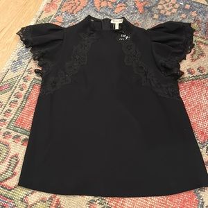 Brand NWT Rebecca Taylor crepe black lace top. Size 2.